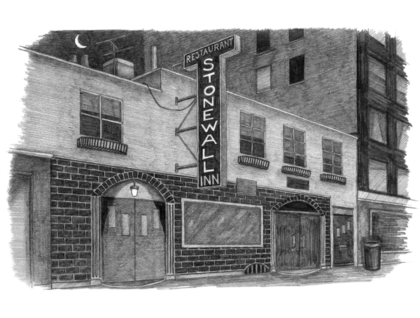 pencil drawing of the Stonewall Inn facade at night
