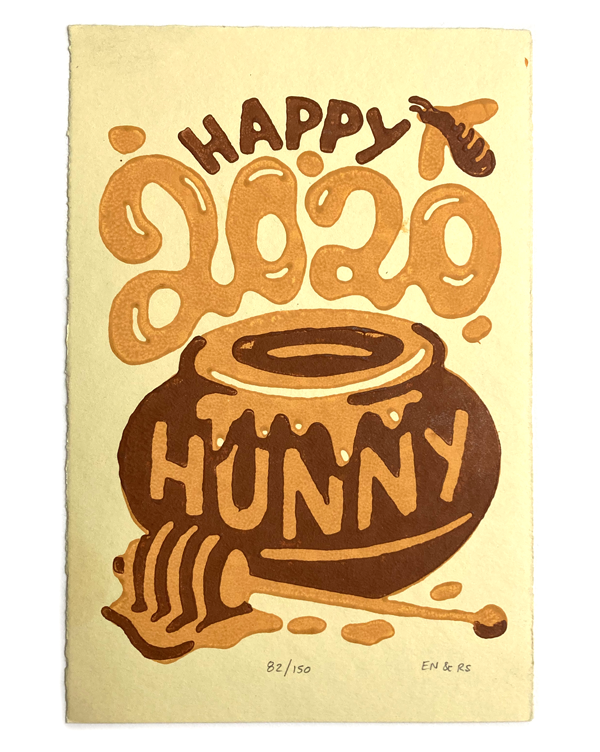 2-color woodblock print: Happy 2020 Hunny