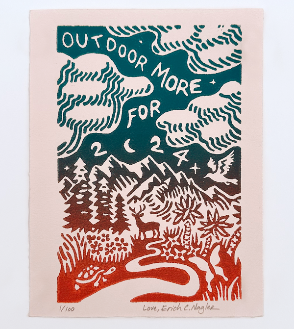 Outdoor More for 2024, linocut print on paper